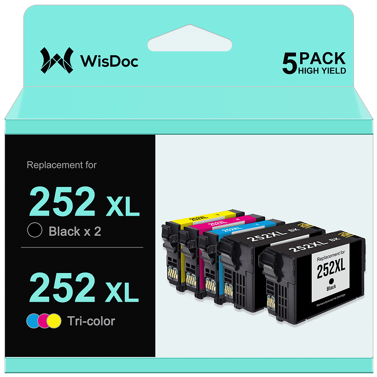 252 252XL Ink Cartridge for Epson Workforce WF-7620 WF-7710 WF-3640 WF-3630 WF-3620 WF-7610 WF-7110 Printer (Black Cyan Magenta Yellow,5-Pack)