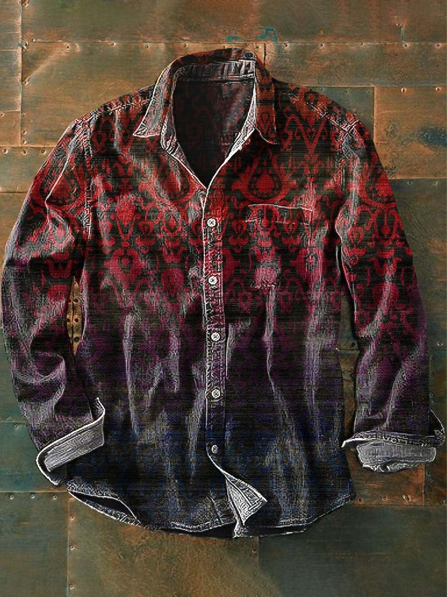 Men's Western Style Gradient Print Casual Lapel Long Sleeve Shirt