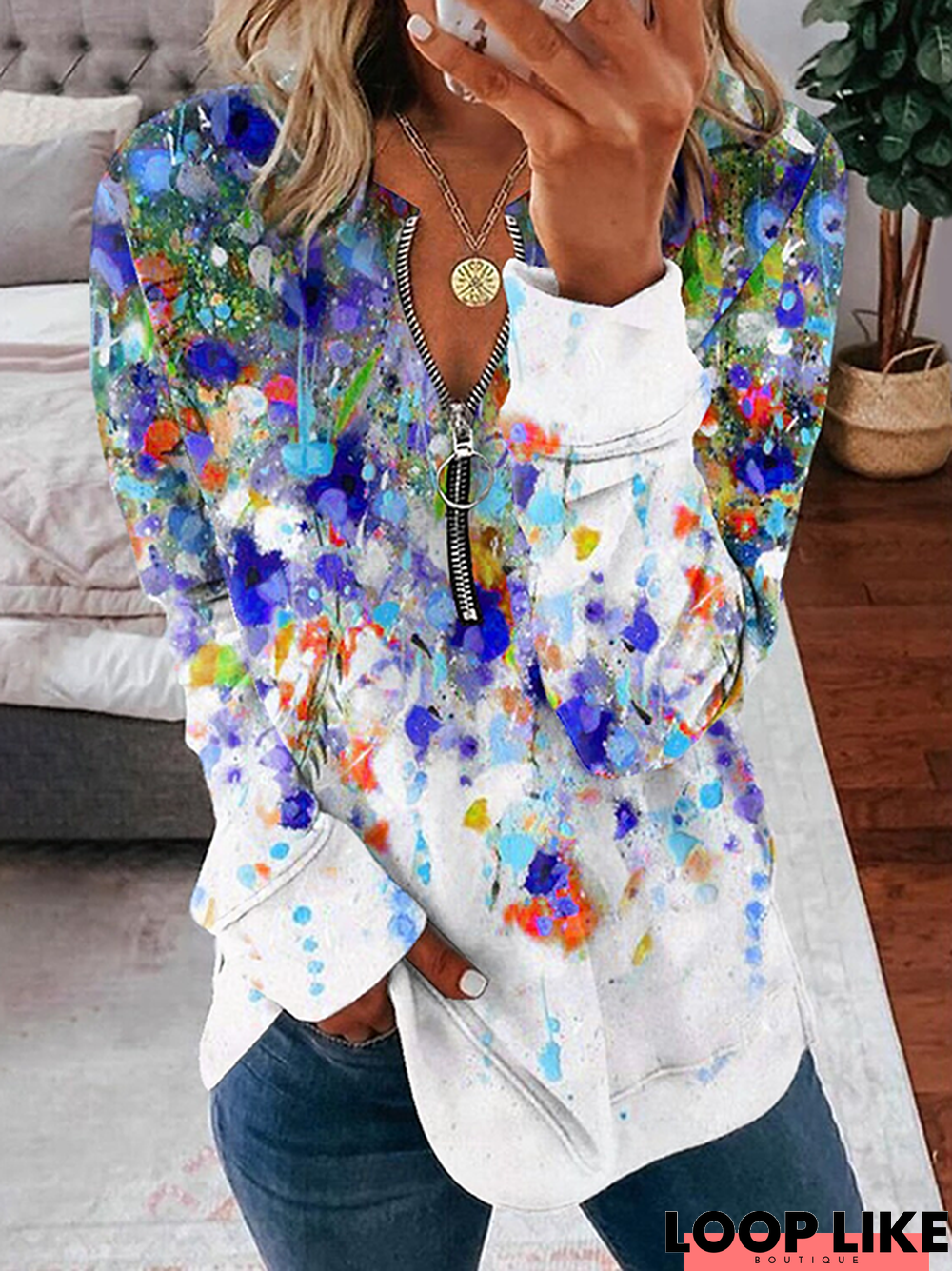 Floral Loose Zipper  Sweatshirt