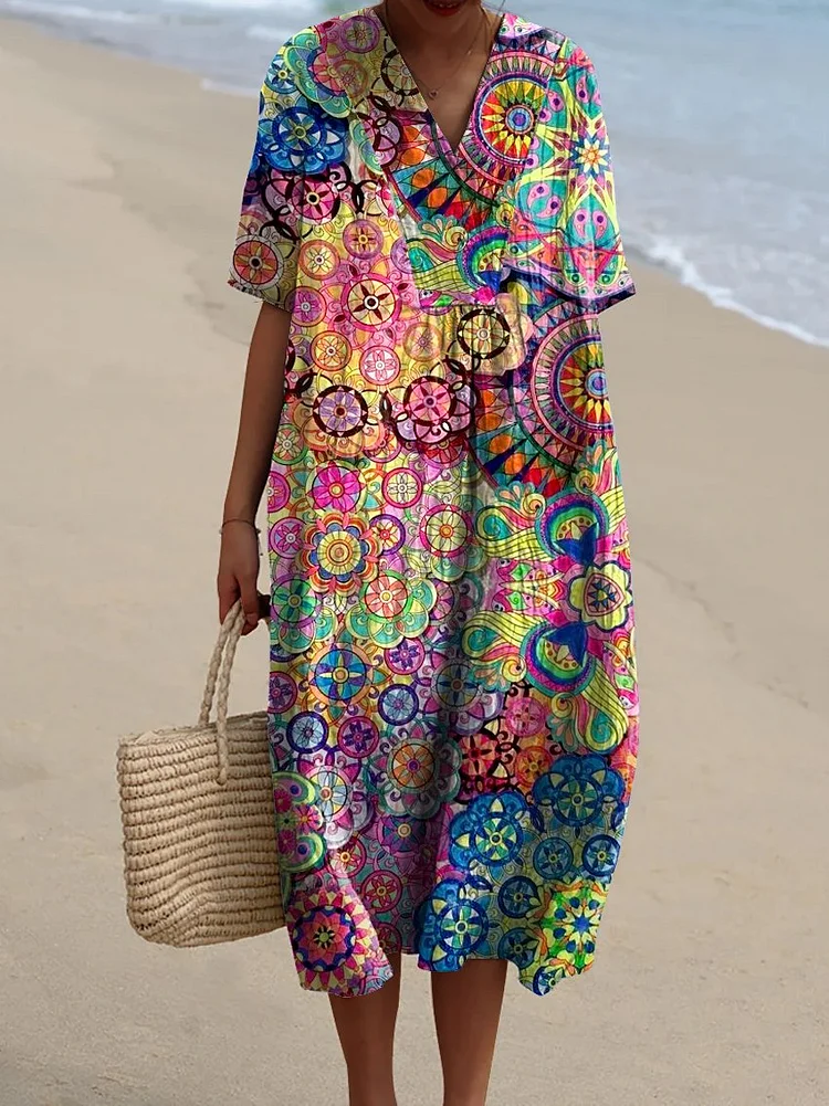 Women's Ethnic Print Pocket Linen Dress