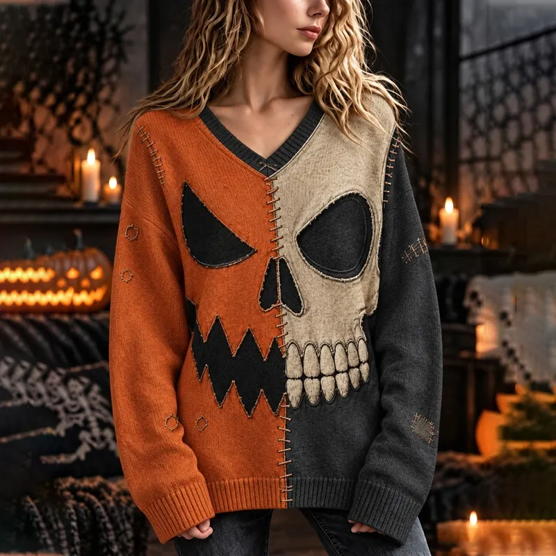 Comstylish Women's Halloween Color-block Pumpkin Skull Knit V-neck Sweater