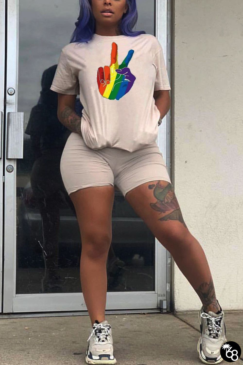 Khaki Casual Fashion Two Piece Suits Rainbow Solid Regular Short Sleeve Two-Piece Short Set | 168DEAL