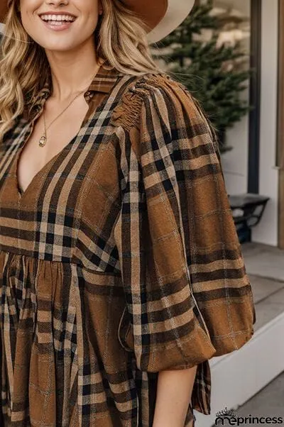 Plus Size Plaid V-Neck Balloon Sleeve Mini Dress