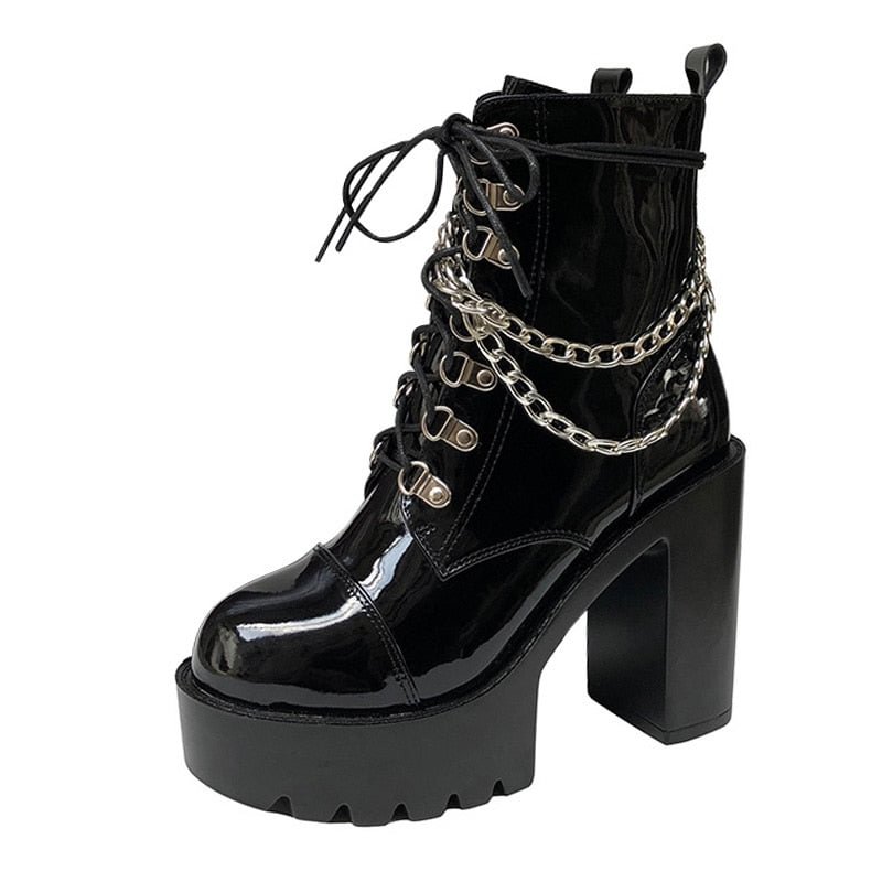 Gdgydh 2021 Autumn Winter Gothic Women Ankle Boots Fashion Metal Chain Patent Leather Female Short Boots Punk Style Ladies Shoes