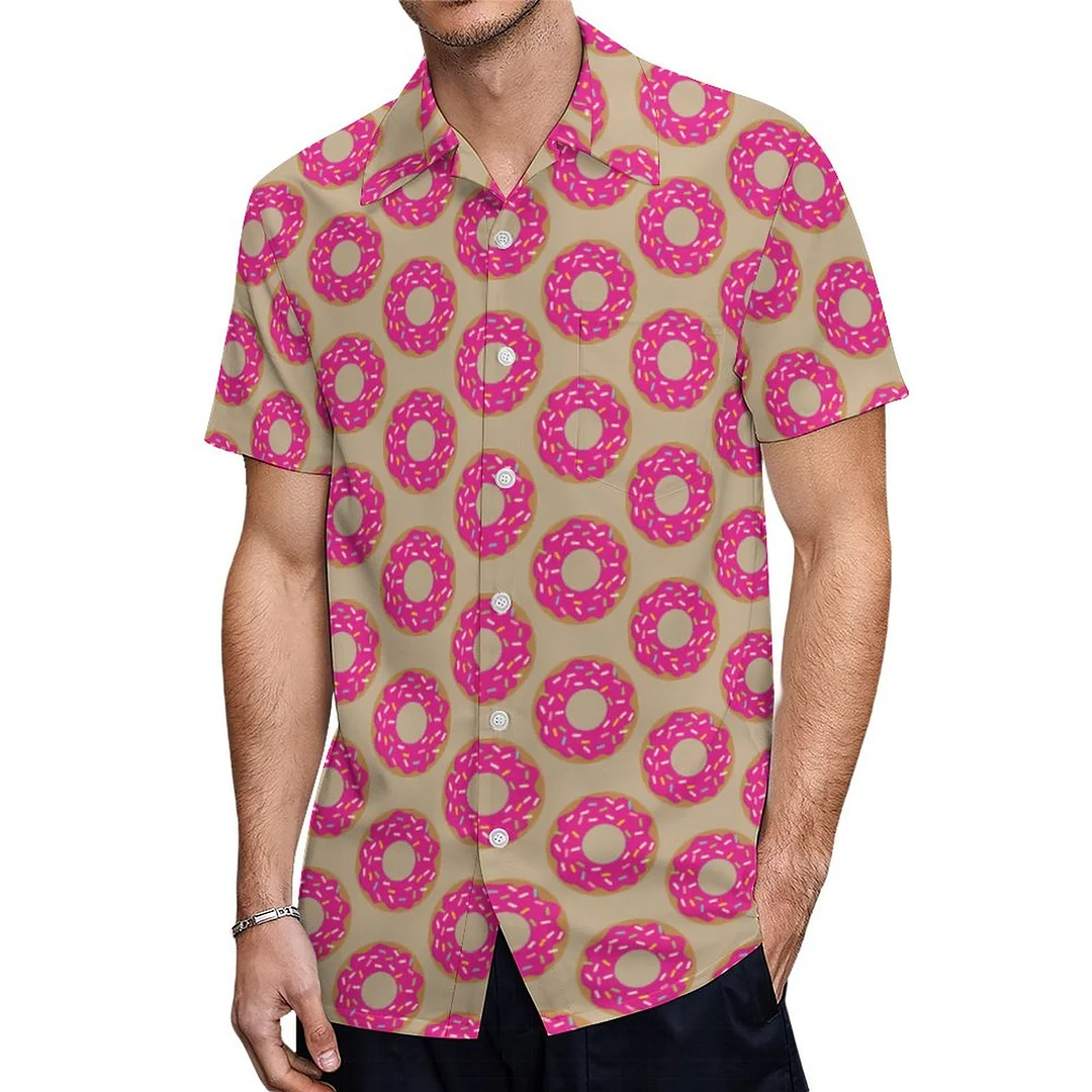 Short Sleeve Pink Donut With Sprinkles Hawaiian Shirt Mens Button Down Plus Size Tropical Hawaii Beach Shirts