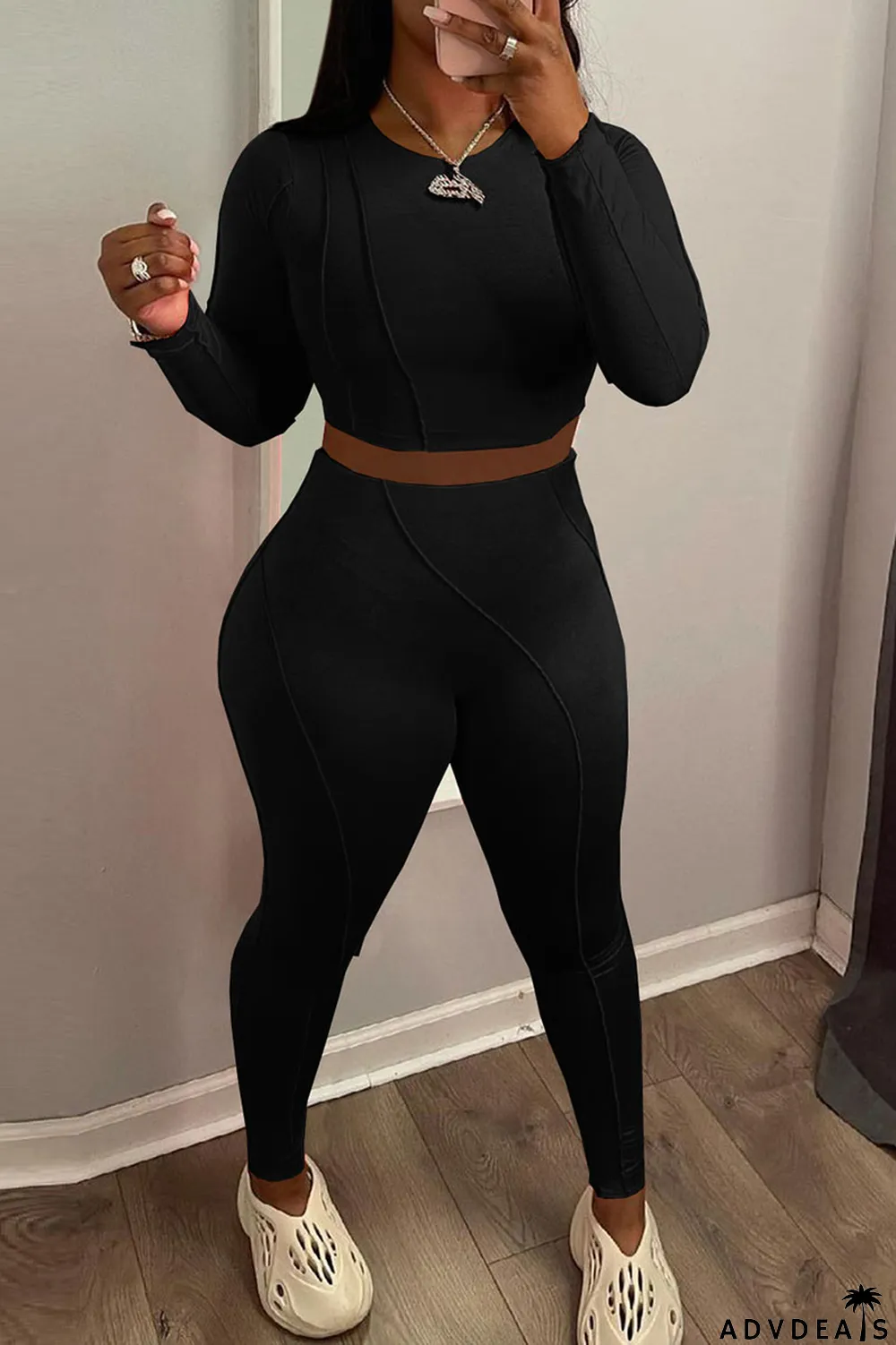 Black Casual Solid Hollowed Out Split Joint Frenulum O Neck Long Sleeve Two Pieces