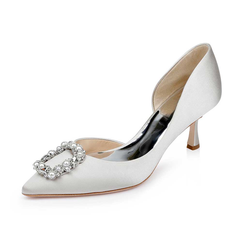 Satin Pointed Toe Pearl Rhinestone Buckle Bridal Pumps in Silver Nicepairs