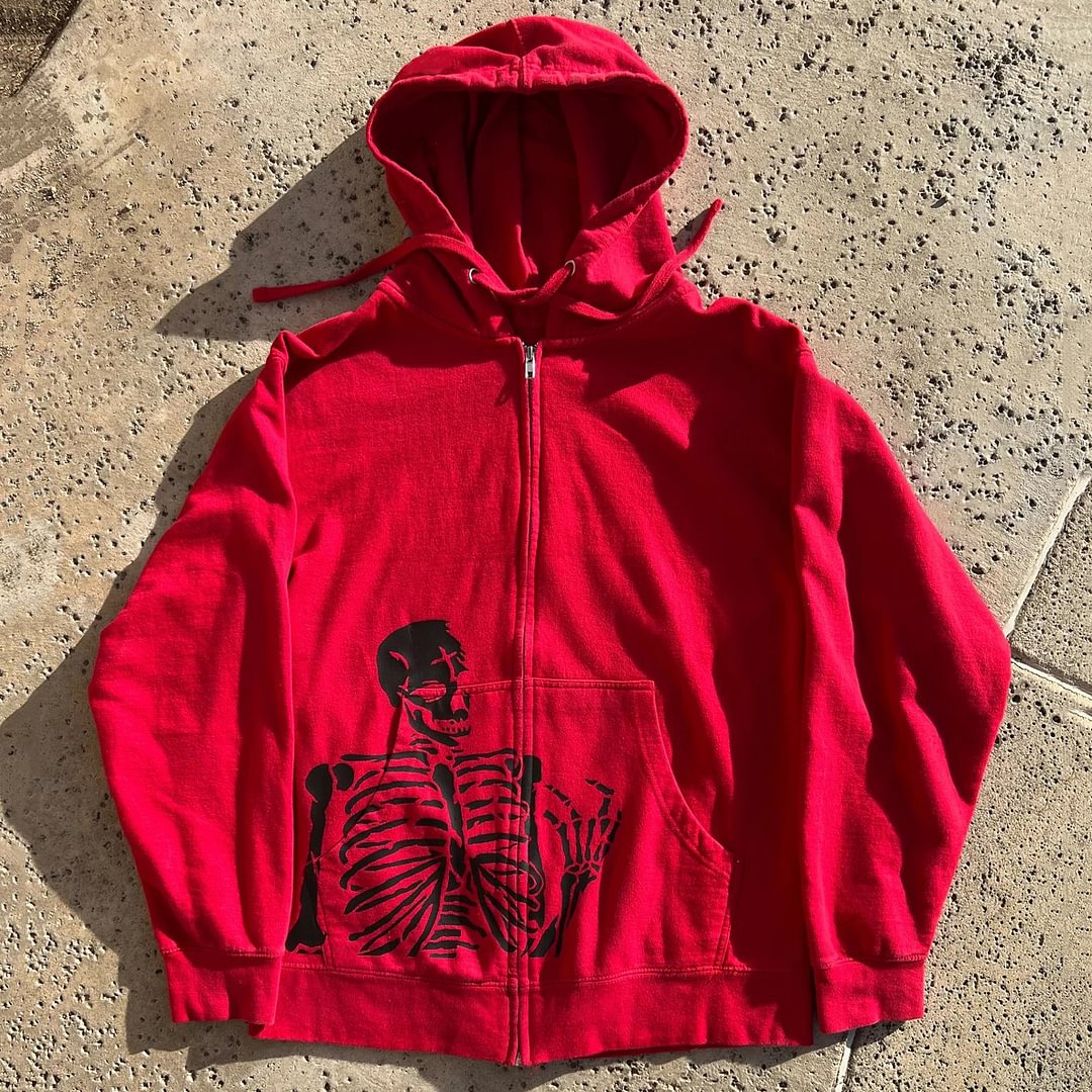 Casual Skull Print Long Sleeve Zip Hoodie