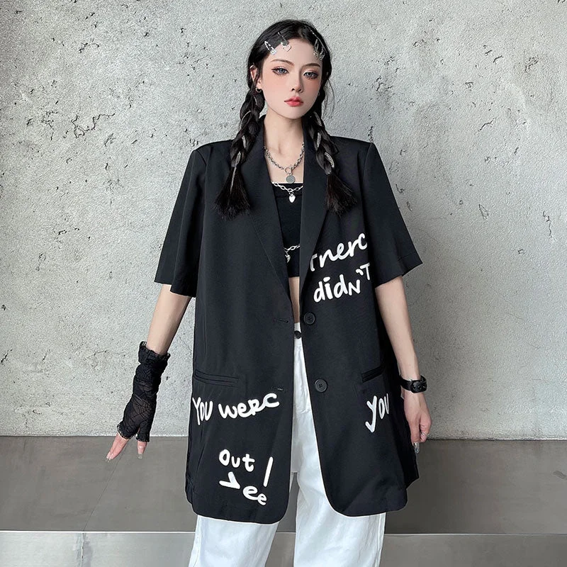 Zoki Gothic Women Thin Blazers Summer Short Sleeve Loose Button Up Black Long Jacket Streetwear Fashion Letter Print Coats 2021