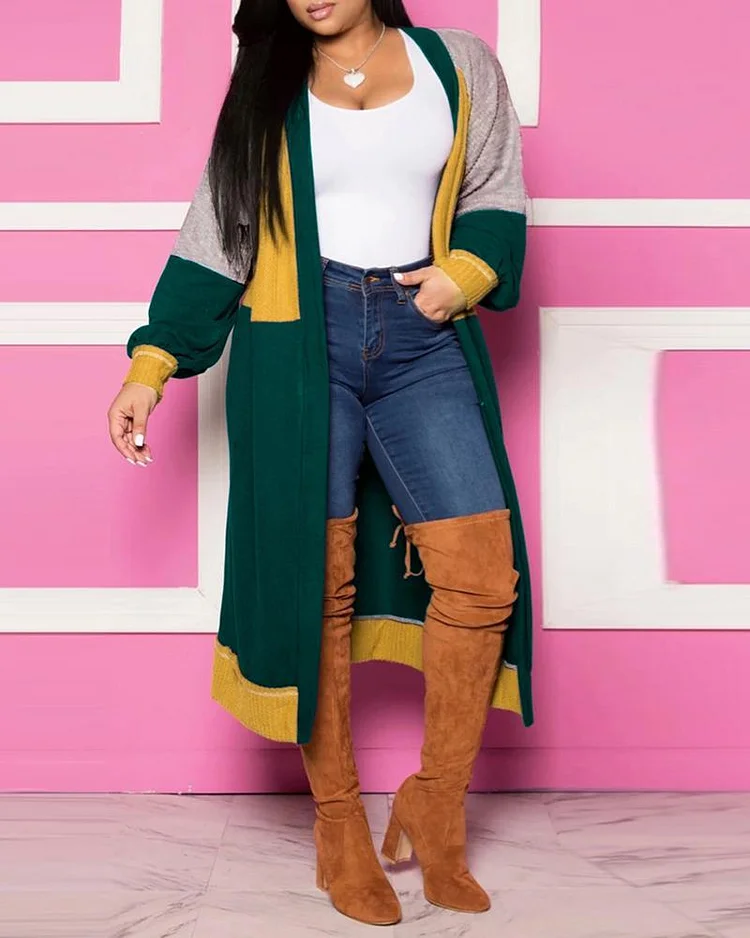 Patchwork Color Block Knitted Sweater Coat