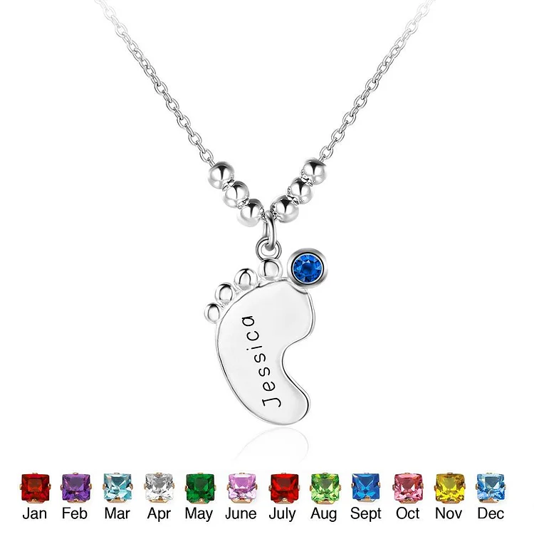 Baby Feet Necklace Mother Necklace with 1 Name and 1 Birthstone S925 sterling silver