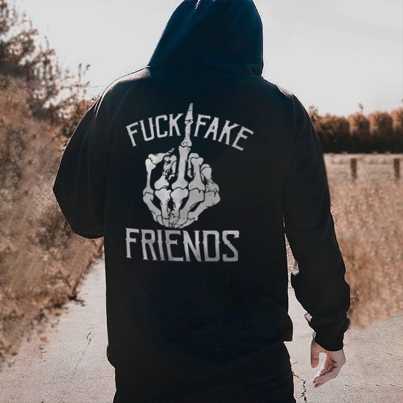 Men's Fuck Fake Friends Skull Print Hoodies、、URBENIE