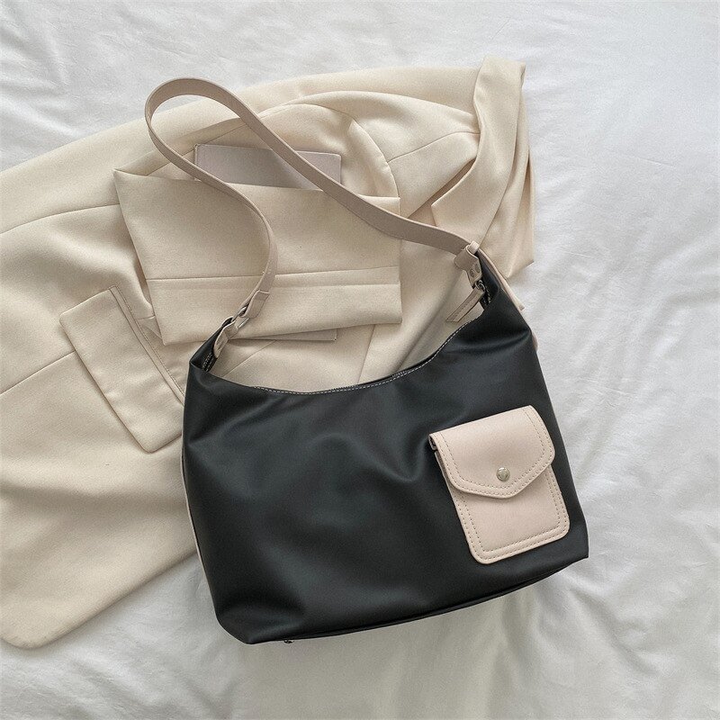2022 Stitching color Women PU Shoulder Bag Ladies Casual Handbag Tote Bag With Pocket Reusable Large Capacity Shopping Beach Bag US Mall Lifes