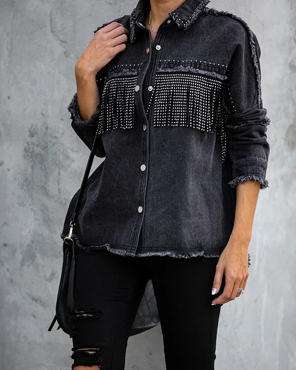 Women's Black Long Sleeve Fringe Denim Jacket