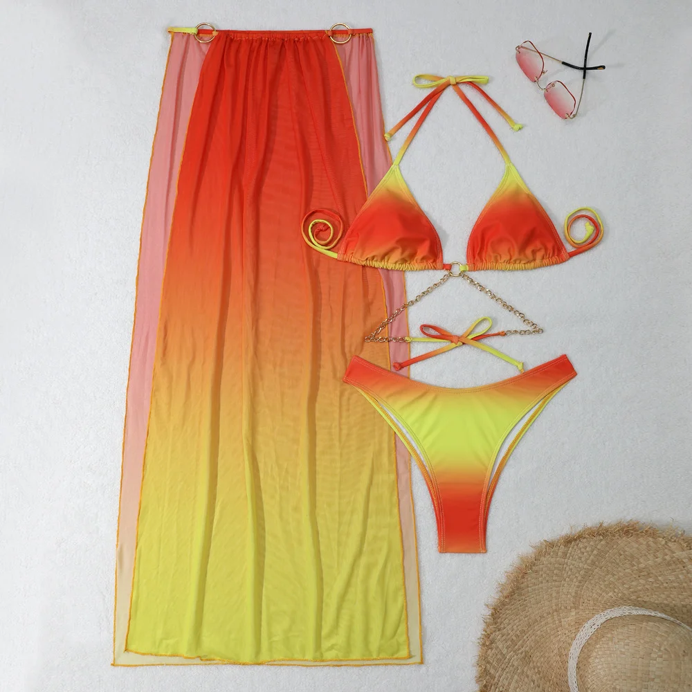 Uveng 2024 New Gradient Mesh Dress Rope Strap Bikini Three-Piece Swimsuit