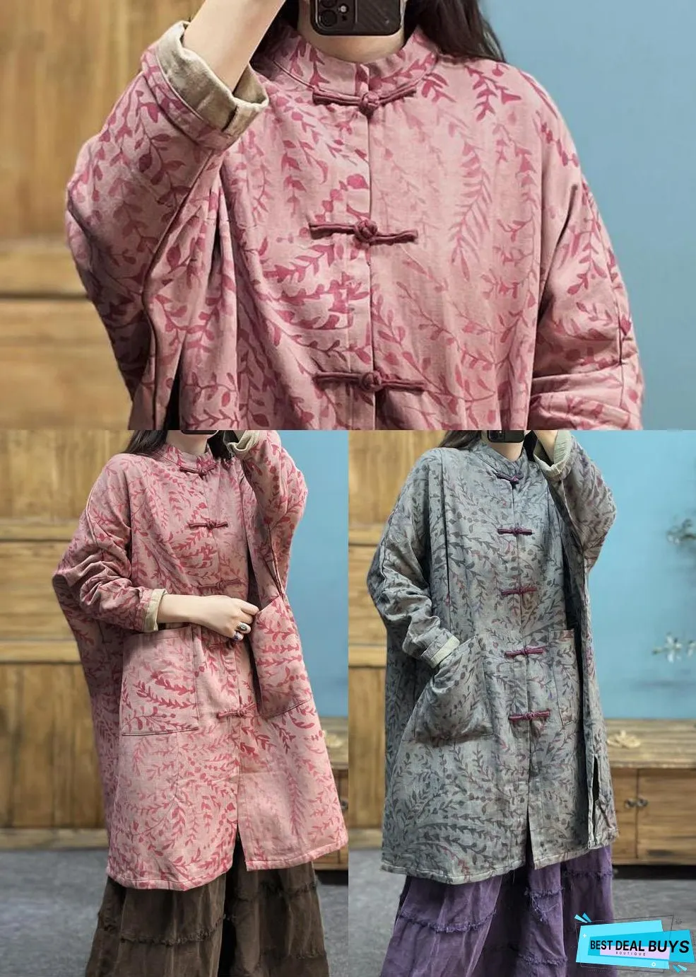 Vintage Pink Print Pockets Cotton Trench Spring