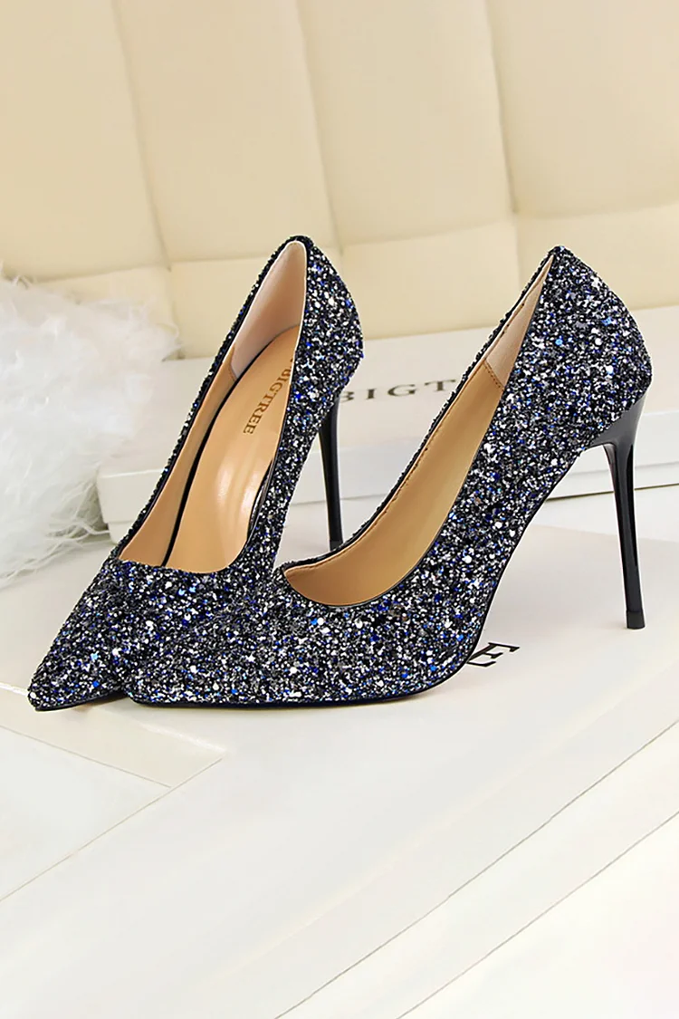 Sparkling Sequin Pointy Toe Party Stiletto Heels-Champagne