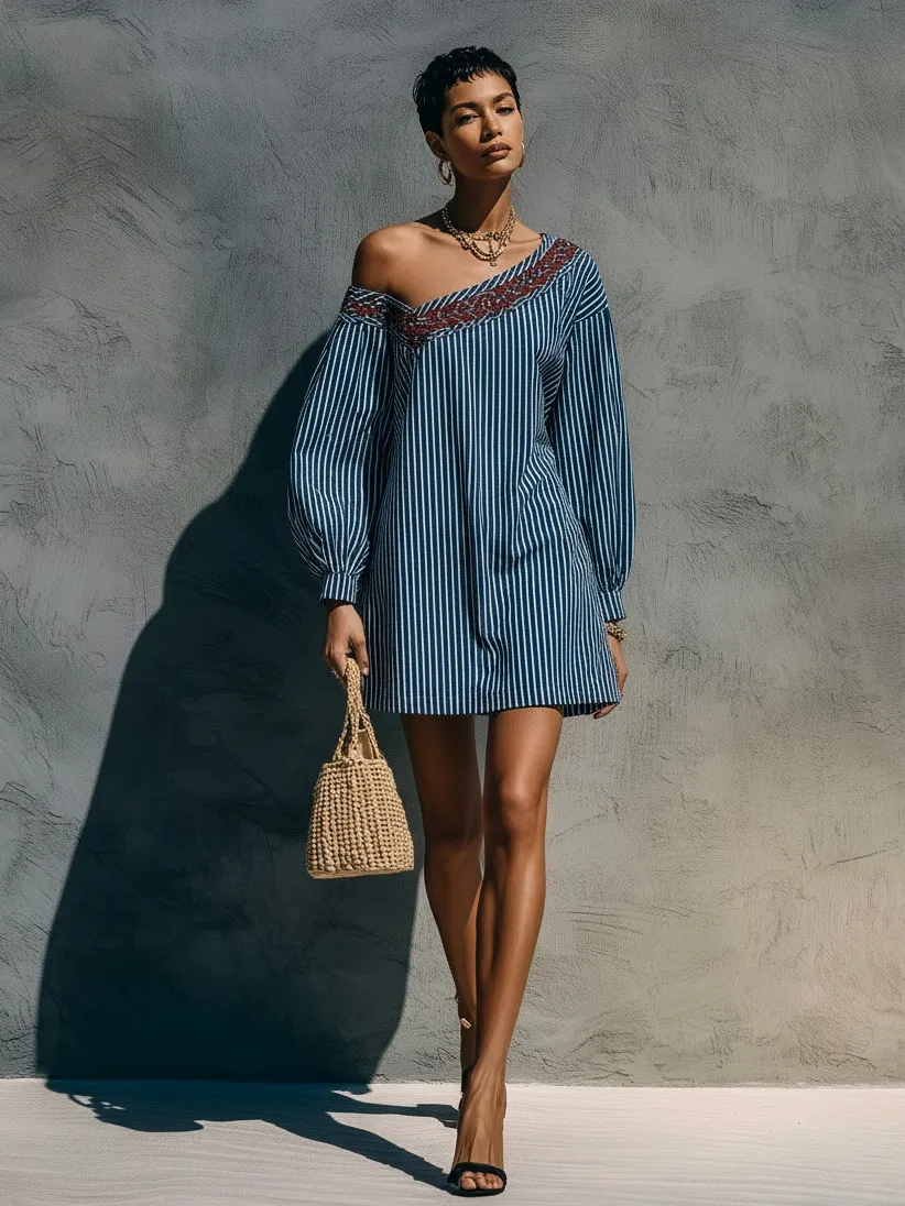 Women's Boho Striped Off Shoulder Mini Dress