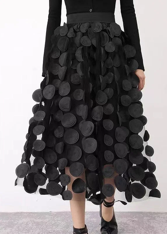 Elegant Black Patchwork Tulle Skirt Fall