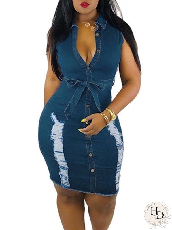 Distressed Denim Button Sleeveless Frayed Mini Dress With Belt for Women