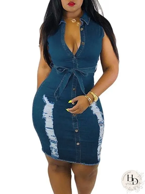 Distressed Denim Button Sleeveless Frayed Mini Dress With Belt for Women