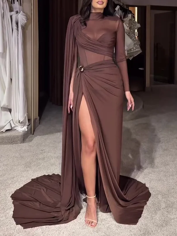 Brown Pleated Slit Evening Dress