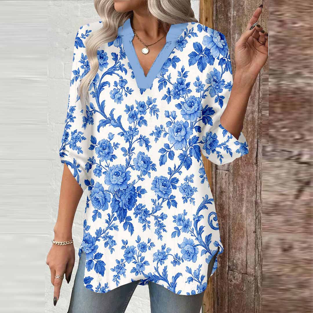 Women Tropical, Blue DZGA0105 3/4 Sleeve V-neck Printed Graphic Button Tops