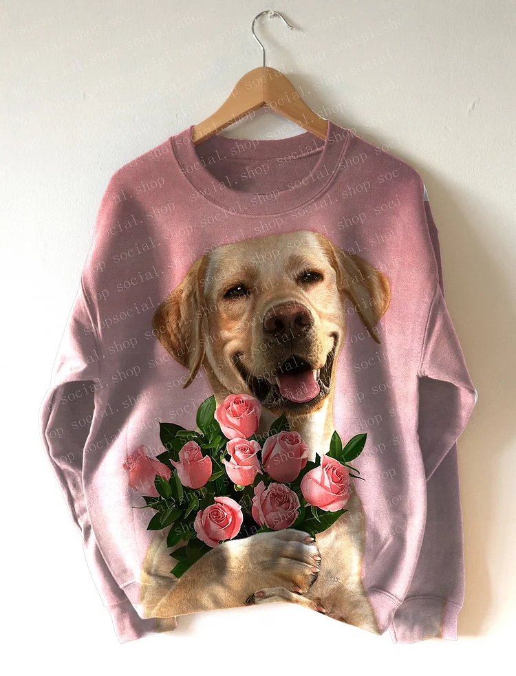 Women's Crew Neck Dog Bouquet Print Sweatshirt socialshop