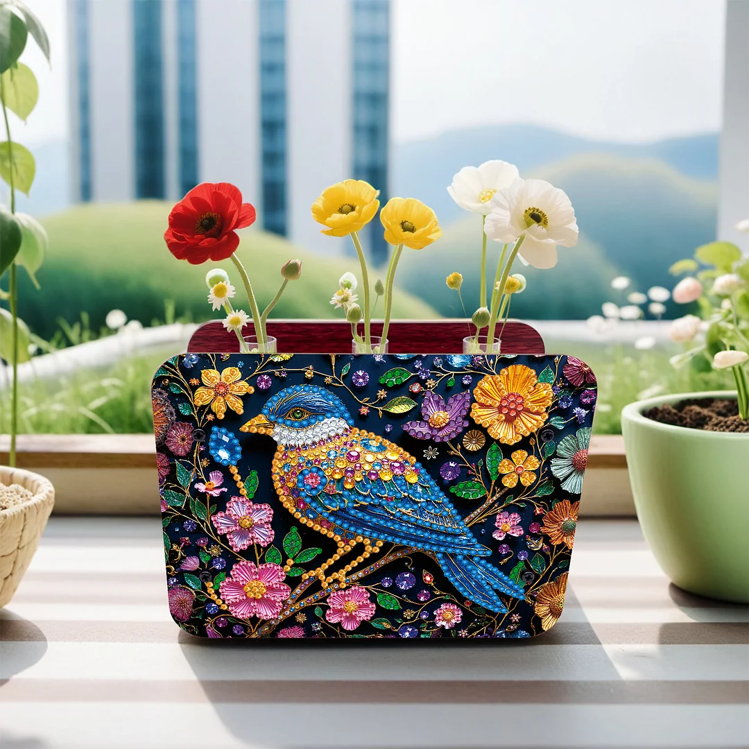 Bird DIY Flower Vase Wooden Double Sided Desktop Diamond Art Kit for Home Decor