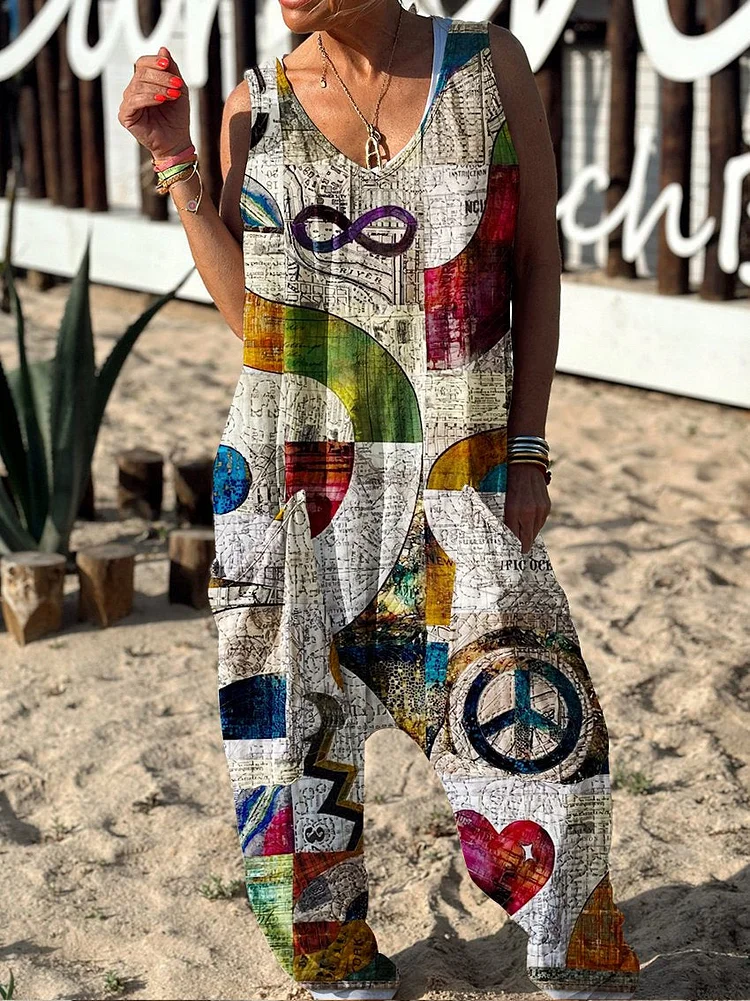 Abstract Pattern Hippie Art Print Casual 100% Cotton Wide Leg Jumpsuit