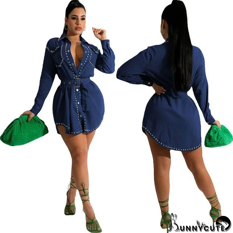 Ladies Loose Casual Rivet  Pocket Belt Denim Shirt Dress