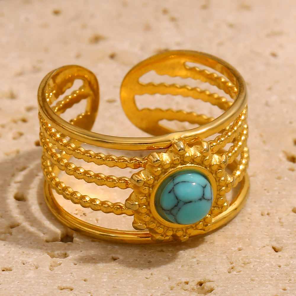 Ins Fashion Niche Retro Jewelry Stainless Steel Plated 18K Gold Turquoise Open Ring Female