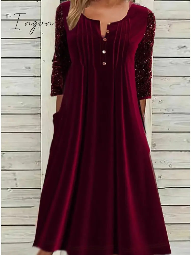 Ingvn - Women‘s Velvet Dress Red Midi Half Sleeve Pure Color Fall Winter Crew Neck Modern 2023 S