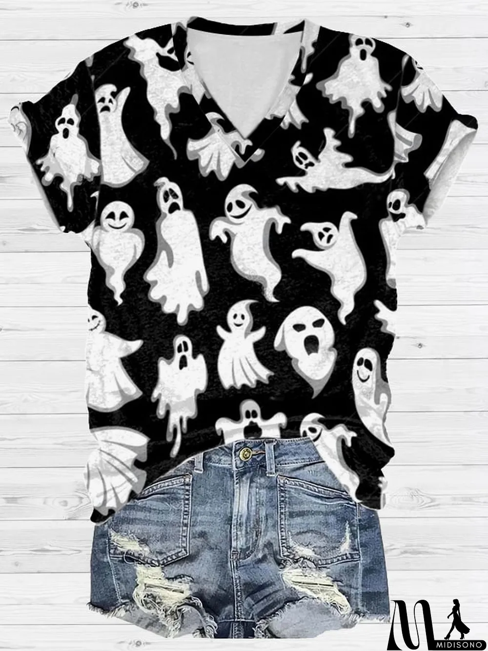 MidiSono - Women's Ghost Art Print Casual V-Neck Short Sleeve T-Shirt
