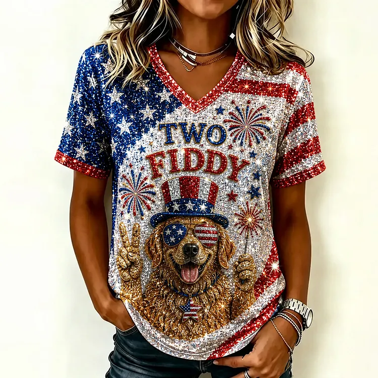 Women's Retro Independence Day Flag And Dog Rhinestone Print V-neck Casual T-shirt