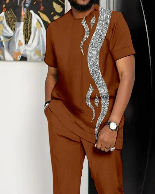 Men's White Printed Short Sleeve Suit 2 Colors 162