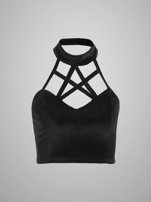 Gothic Style Black Witch Star Strap Choker Halter Backless Crop Top