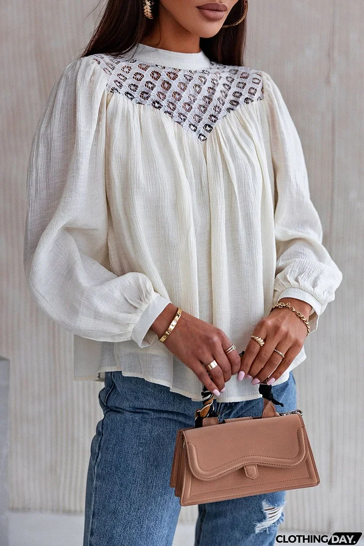 Crochet Lace Textured Balloon Sleeve Blouse