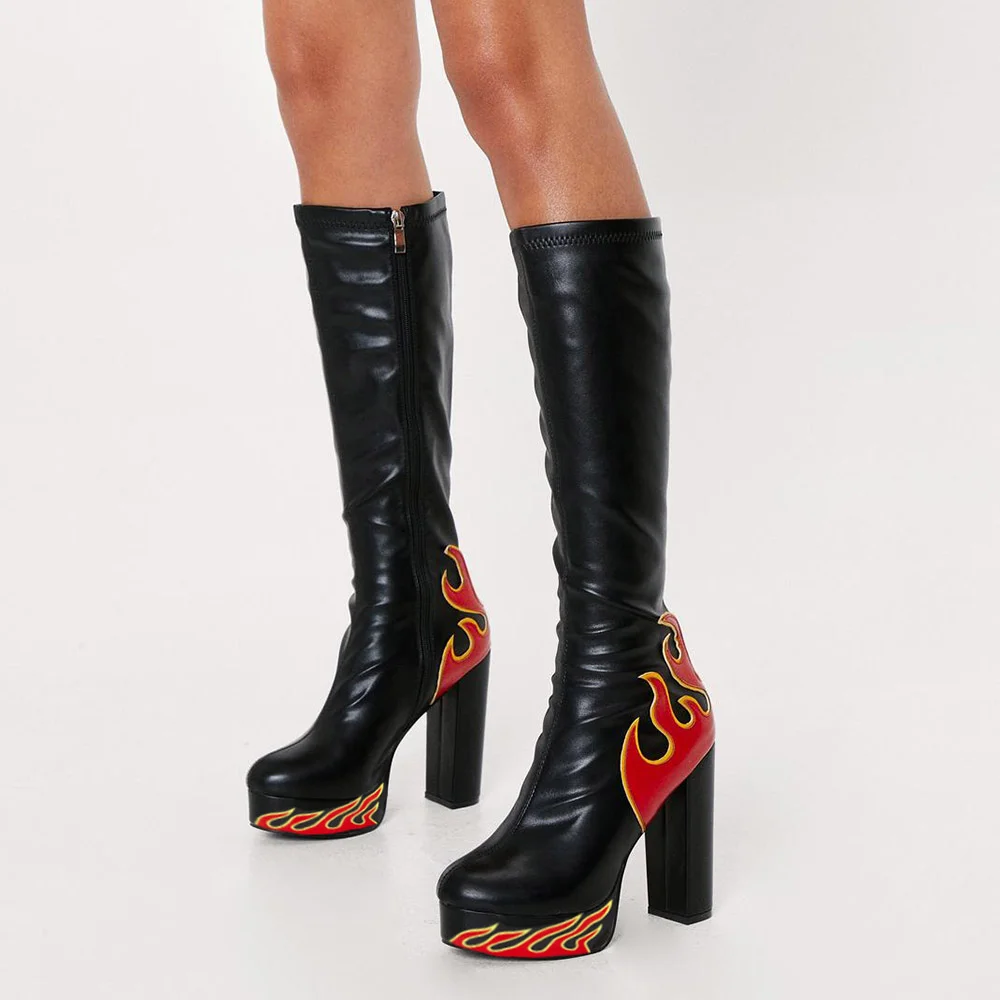 Black Flame Platform Knee High Boots