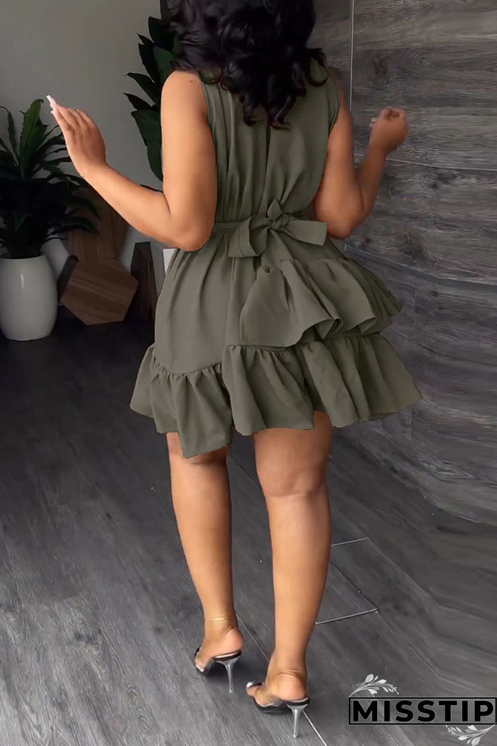 Orange Casual Sweet Solid Patchwork Flounce With Belt Asymmetrical V Neck A Line Dresses