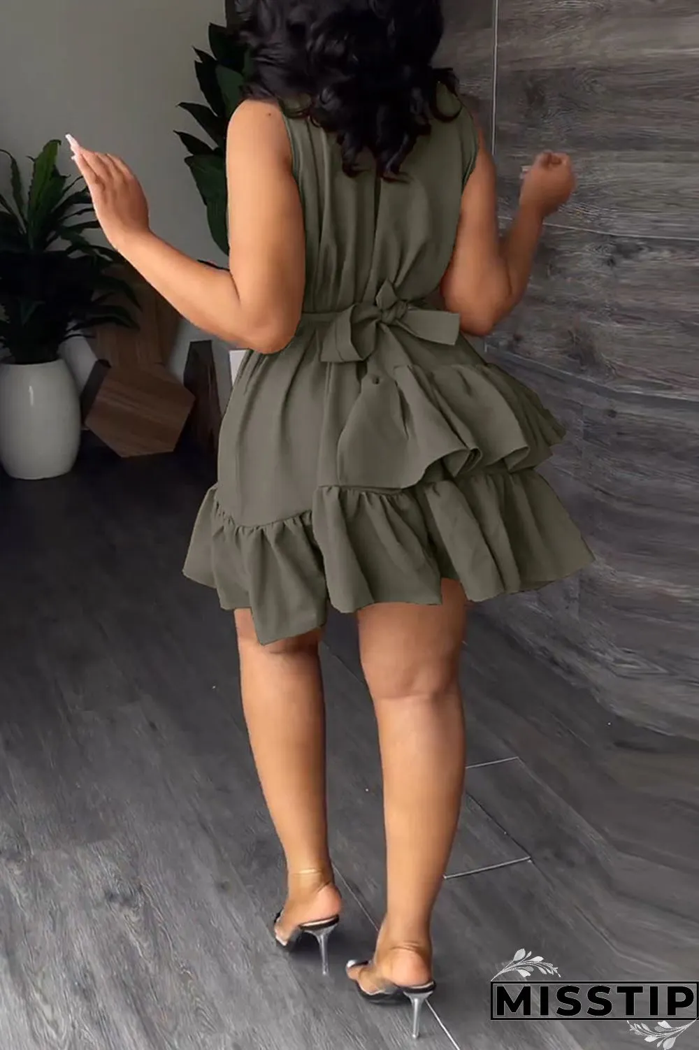 Orange Casual Sweet Solid Patchwork Flounce With Belt Asymmetrical V Neck A Line Dresses