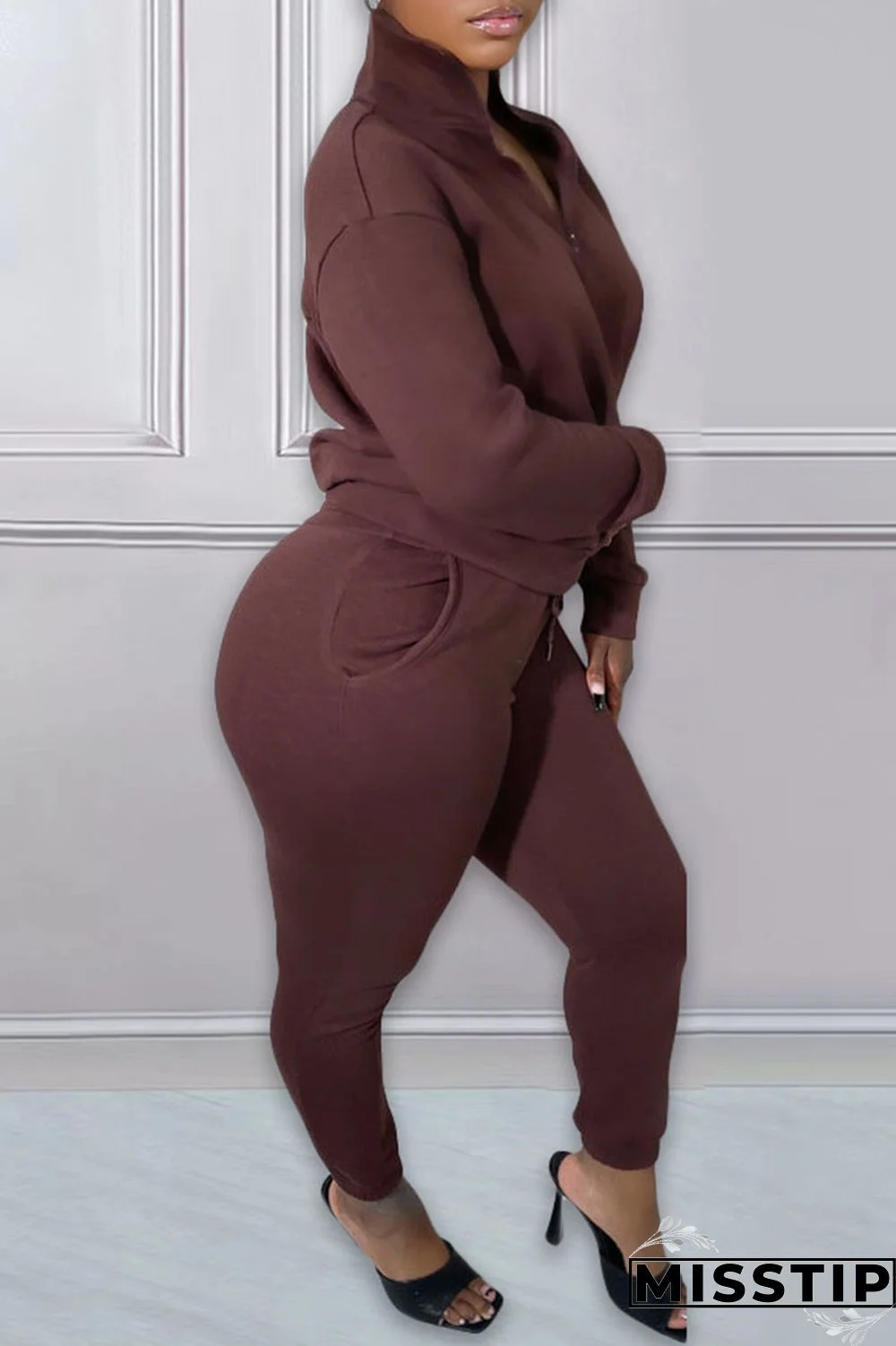 Green Casual Print Patchwork Zipper Collar Long Sleeve Two Pieces