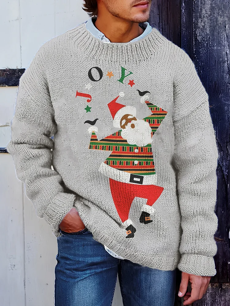 Men's Geometric Pattern Santa Graphic Joy Print Knit Sweatshirt