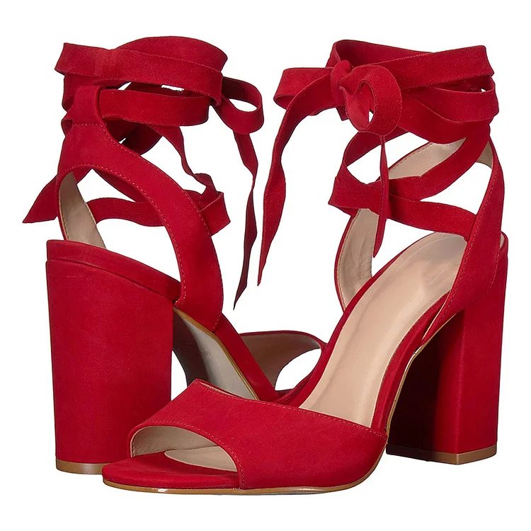 Red Vegan Suede Chunky Heel Strappy Sandals |FSJ Shoes