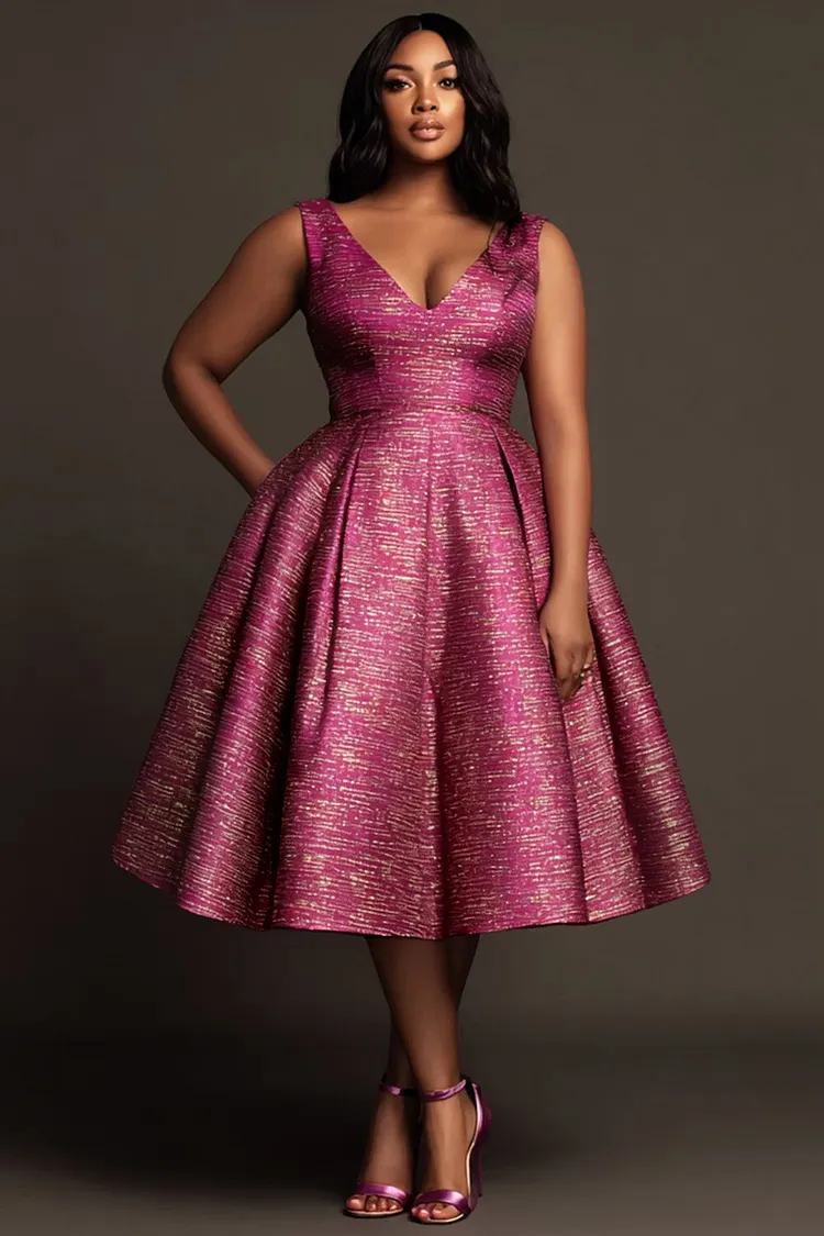 Xpluswear Design Plus Size Cocktail Party Elegant Hot Pink V Neck Pocket Pleated Satin Midi Dresses 2024 - Xpluswear