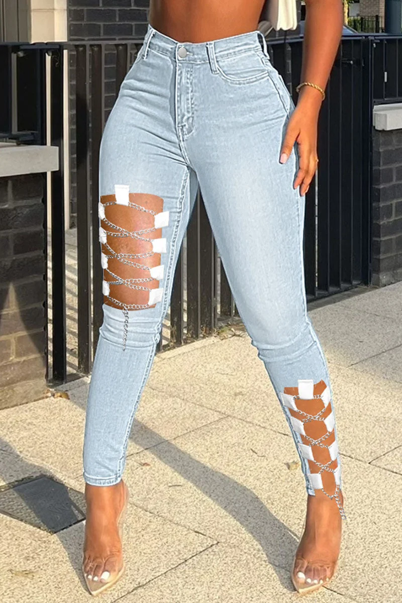 Sexy Solid Hollowed Out Patchwork Chains High Waist Denim Jeans