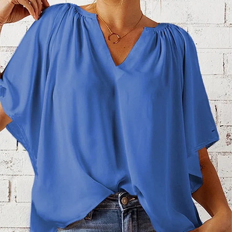 💖Summer top for women with batwing sleeves and V-neck, solid color 