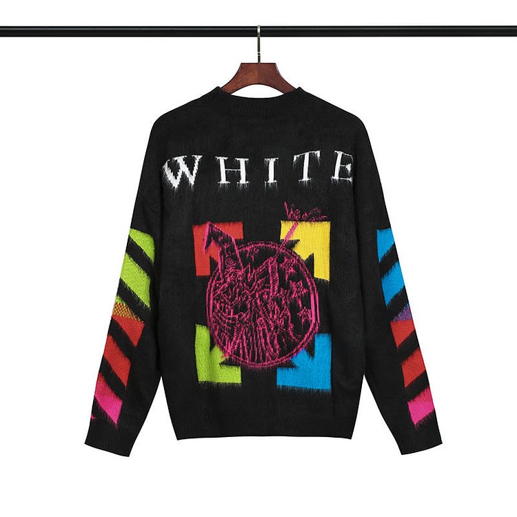 Off White Sweater Fall Winter Men Mohair Round Neck Sweater Sweater