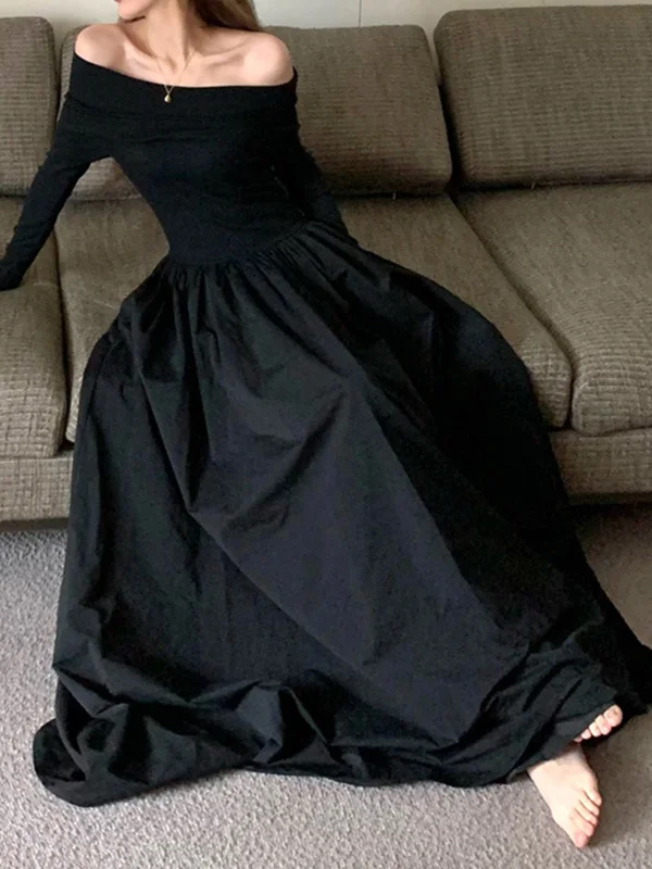 Long Sleeves Skinny Hollow Solid Color Cold Shoulder Maxi Dresses main image 0