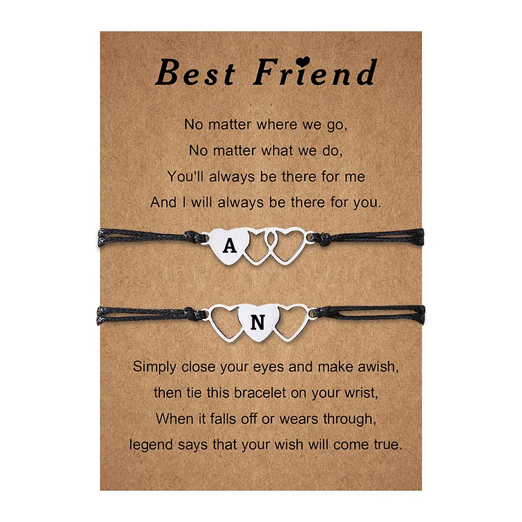 Personalized Heart Bracelet Set Engraved 2 Letters Stainless Steel Adjustable Bracelet Black Gift for Best Friend